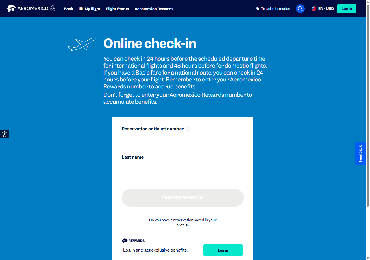 Check-in online en el sitio oficial de Aeromexico