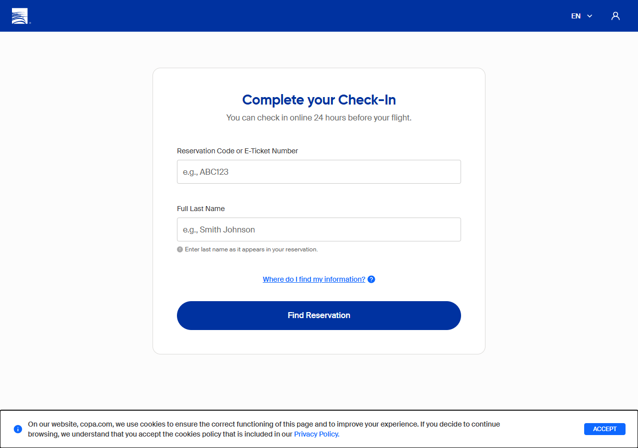 Check-in online no site oficial da Copa Airlines