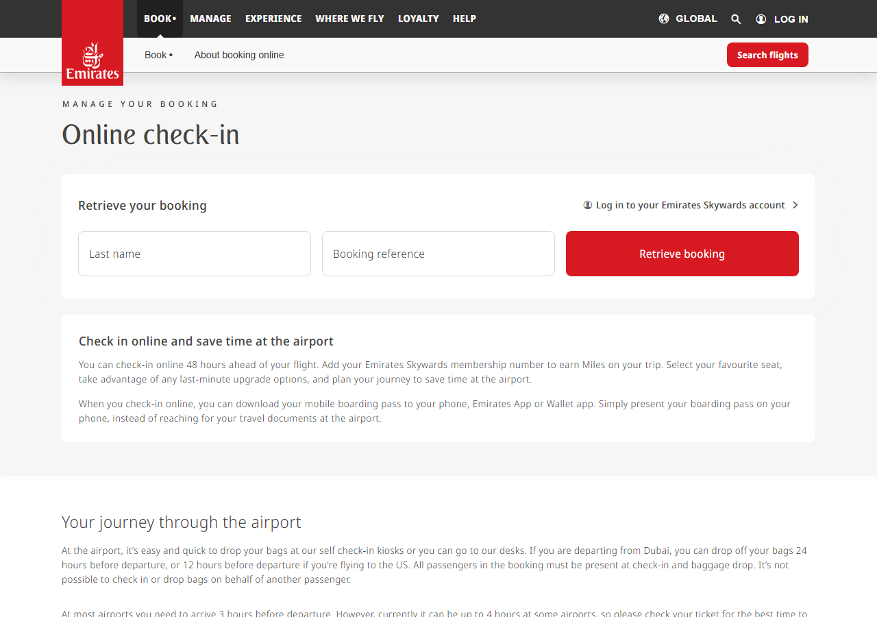 Check-in online en el sitio oficial de Emirates