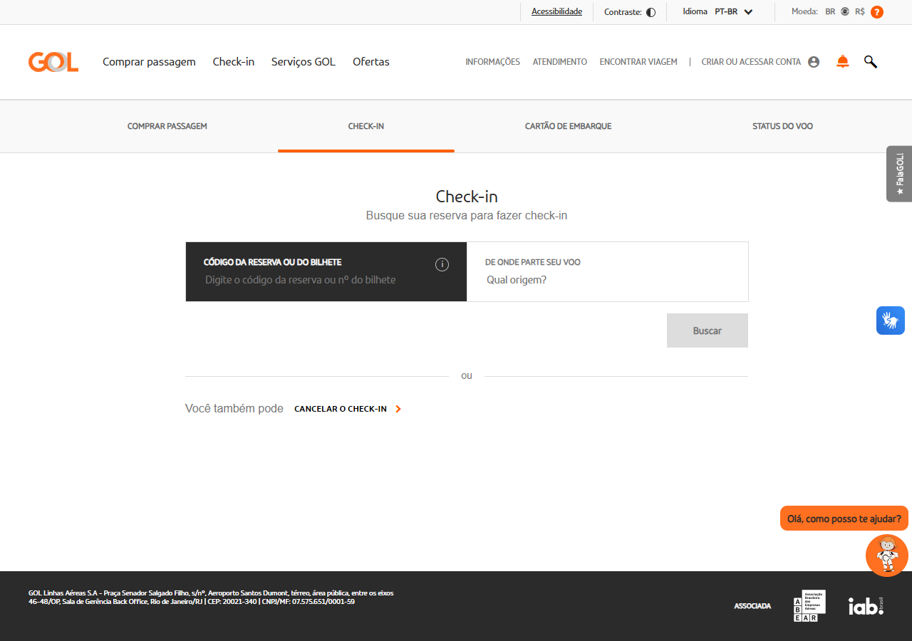 Online check-in on the official Gol Transportes Aéreos website